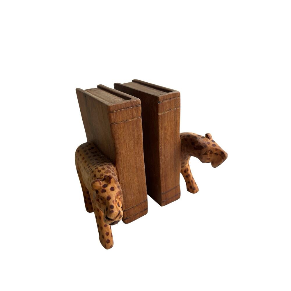 Vintage Hand Carved Tigers Wood Bookends Jungle Cats Faux Books African Art Deco